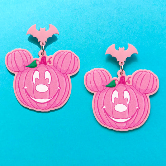 Pink Mouse Bat Pumpkin Drop Earrings