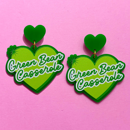 Green Bean Casserole Heart Drop Earrings