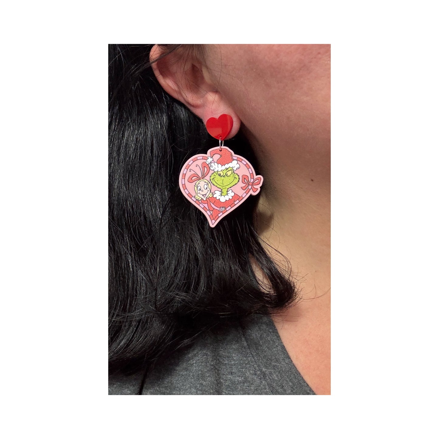 Pink Cindy & Grinch Heart Drop Earrings