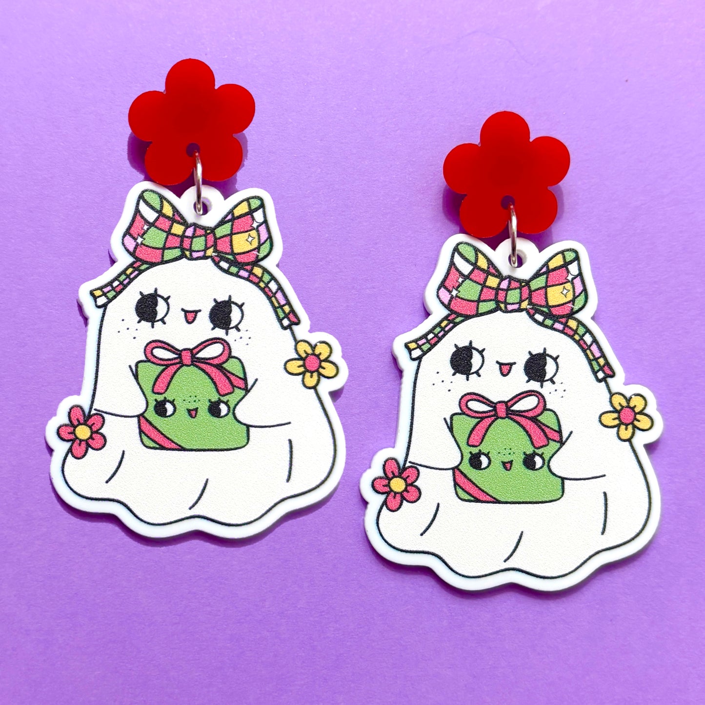 Plaid Bow Christmas Boo Drop Earrings