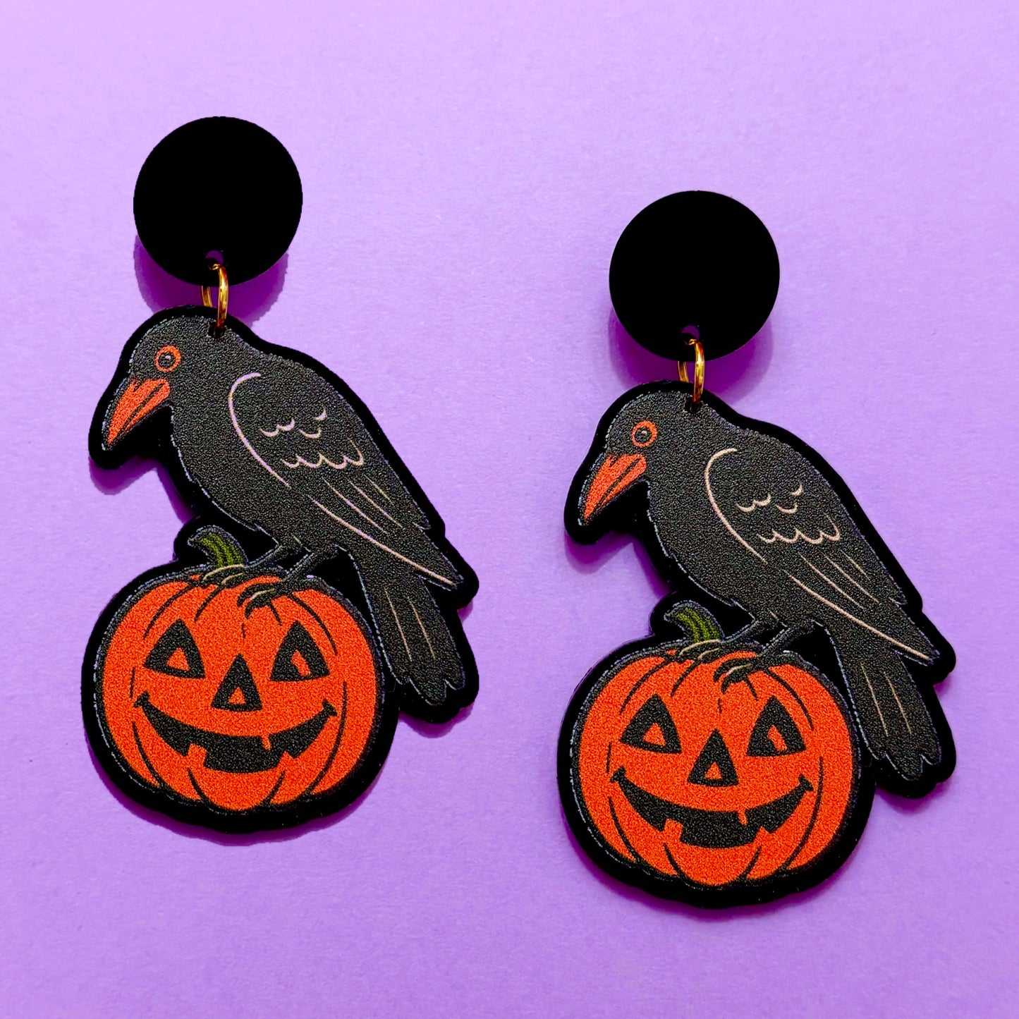 Spooky Crow & Pumpkin Drop Earrings