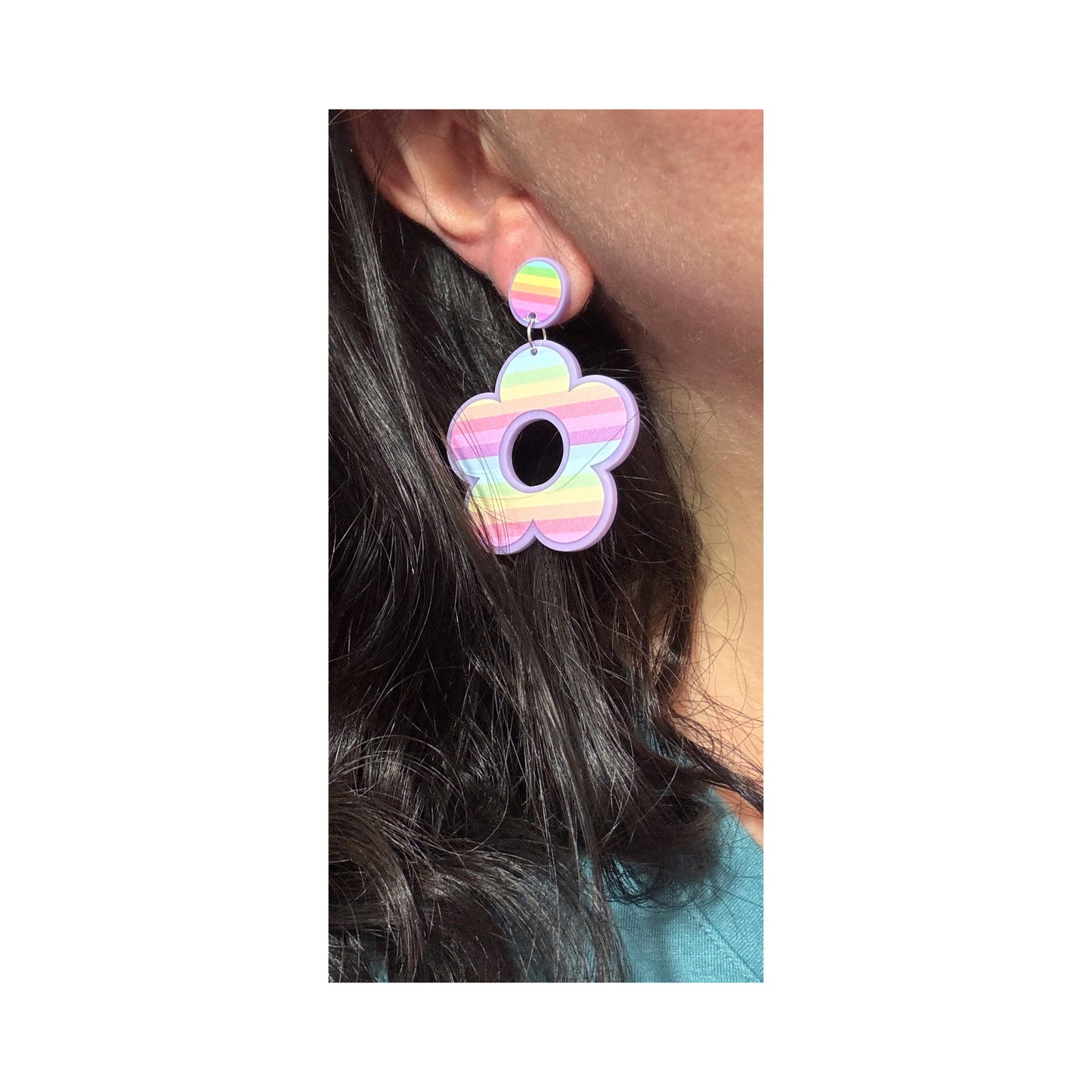 Pastel Rainbow Stripe Retro Flower Acrylic Drop Earrings