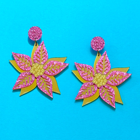 Pink Poinsettia Acrylic Drop Earrings
