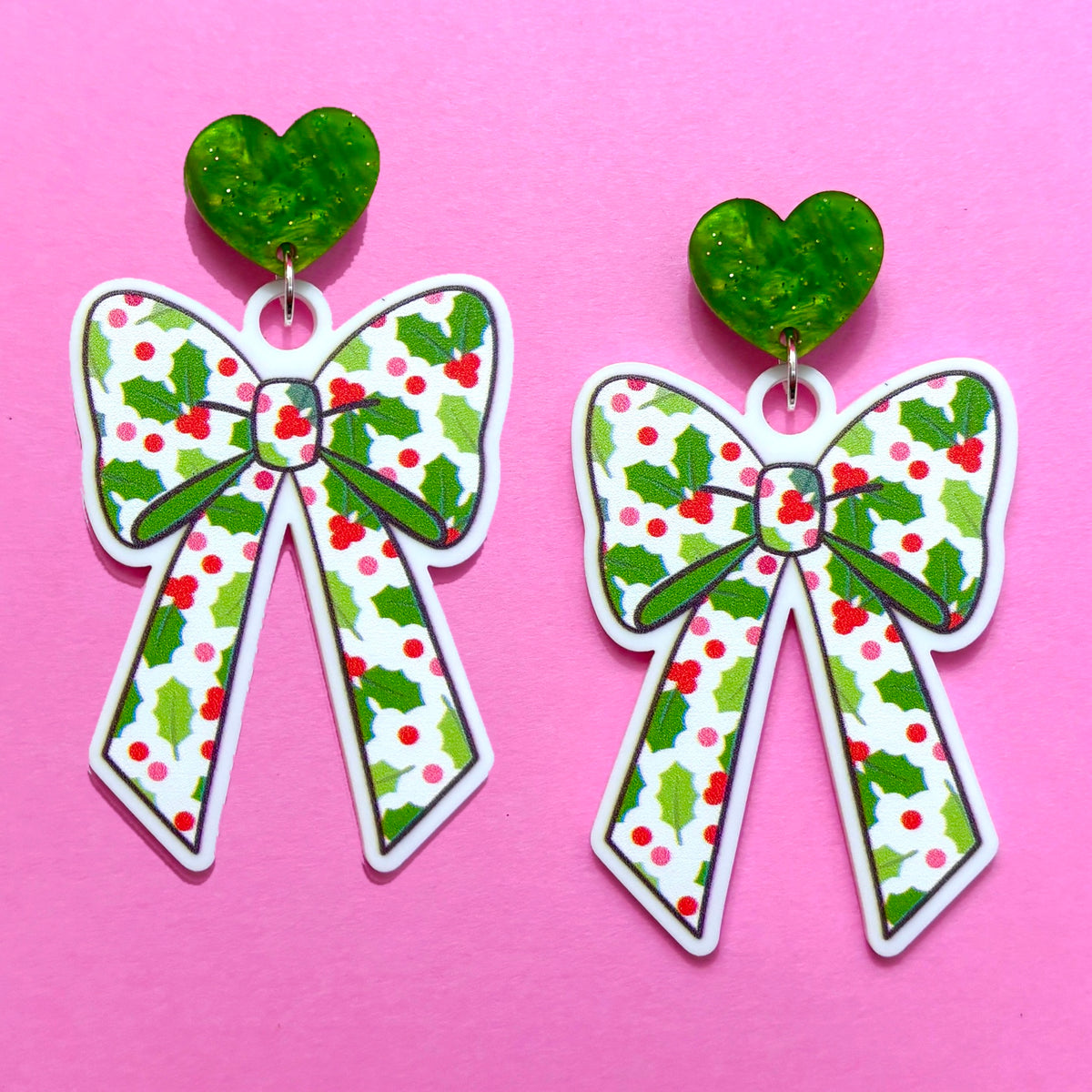Holly Print Bow Drop Earrings