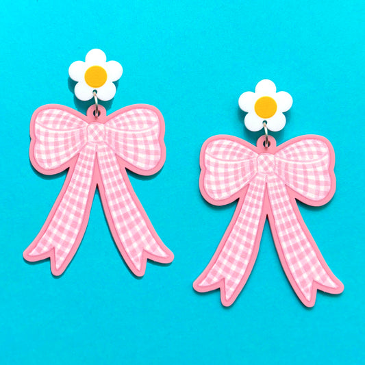 Pink Gingham Bow Drop Earrings
