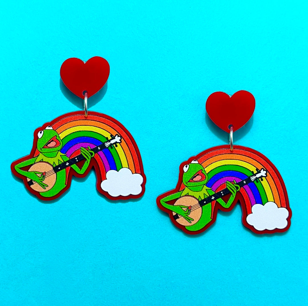 Rainbow Kermit Guitar Drop Earrings