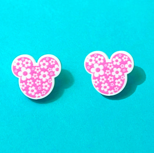 Pink Flower Power Mouse Post Earrings
