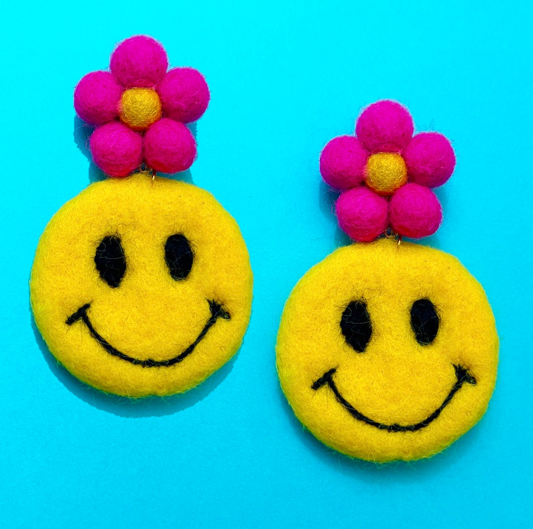 Pink Flower Smiley Wool Felt Drop Earrings