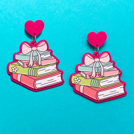 Hot Pink Bow Book Stack Drop Earrings