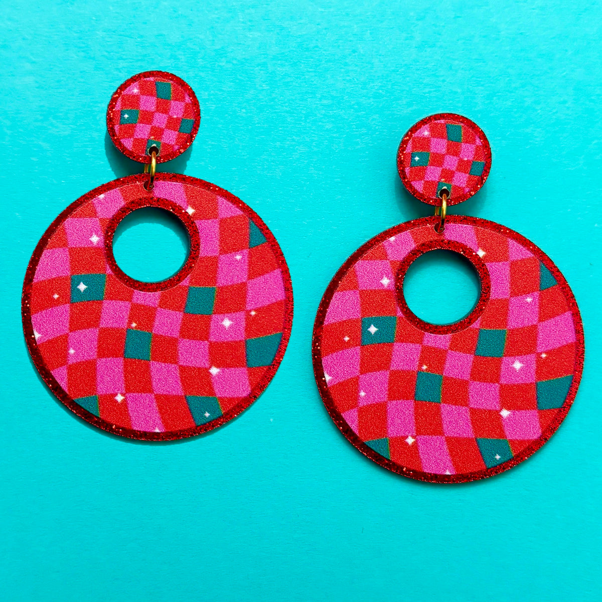 Retro Holiday Checkered Round Drop Earrings