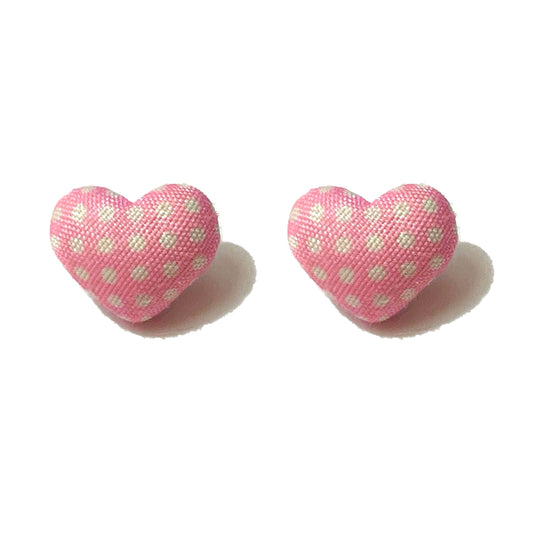 Light Pink Polka Dot Heart Fabric Button Earrings