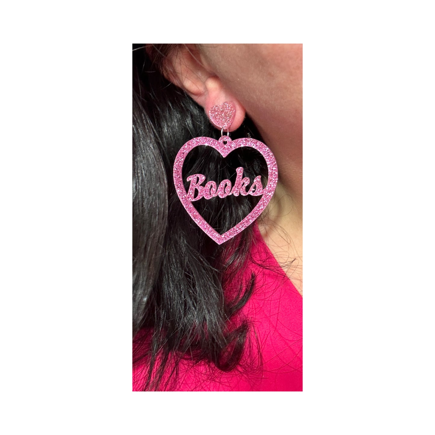 Pink Glitter Books Heart Drop Earrings