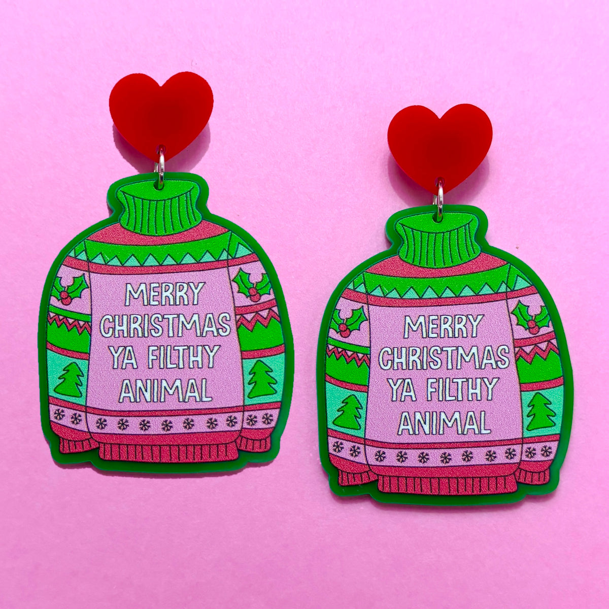 Merry Christmas Ya Filthy Animal Sweater Drop Earrings