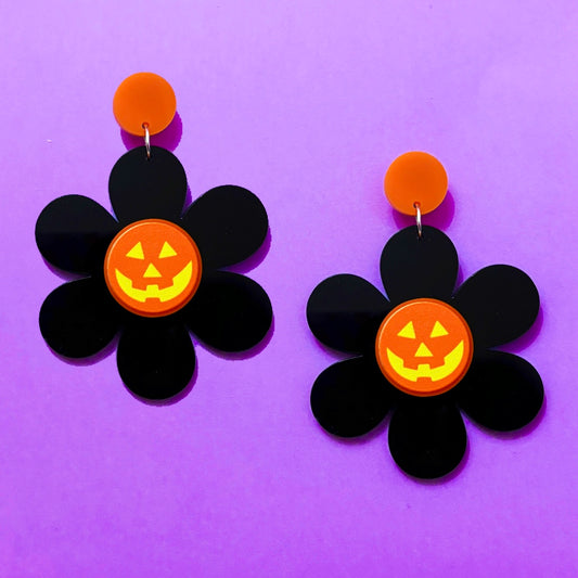 Jack-O-Lantern Flower Acrylic Drop Earrings