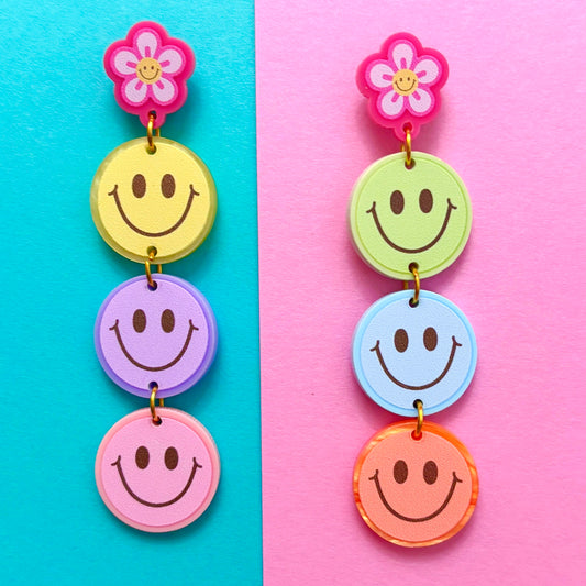 Groovy Pastel Smiley Tiered Drop Earrings