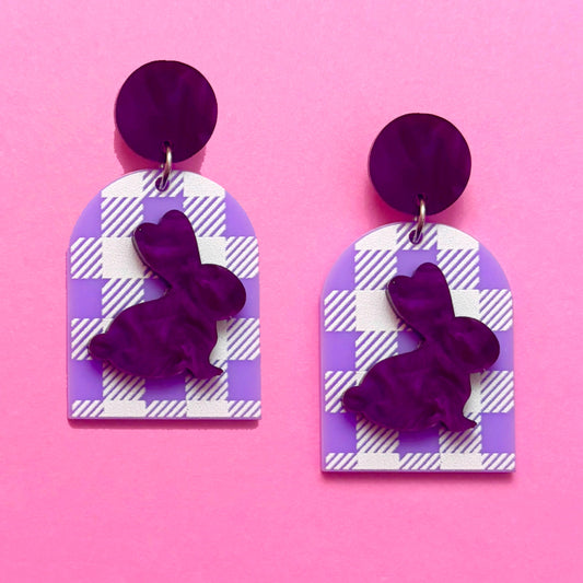 Lavender Gingham Bunny Drop Earrings