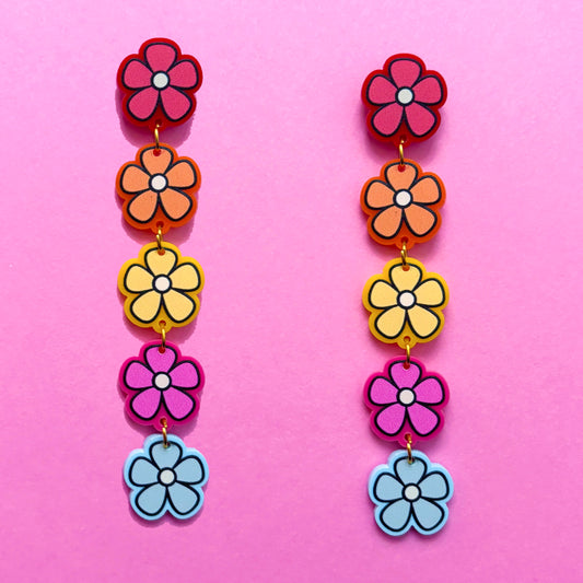 Groovy Rainbow Flowers Tiered Drop Earrings