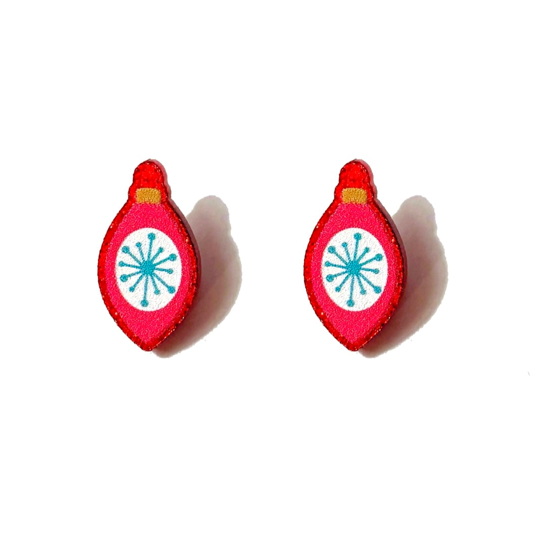 Red Retro Sparkle Ornament Post Earrings
