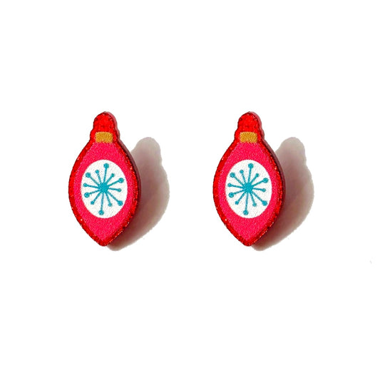 Red Retro Sparkle Ornament Post Earrings