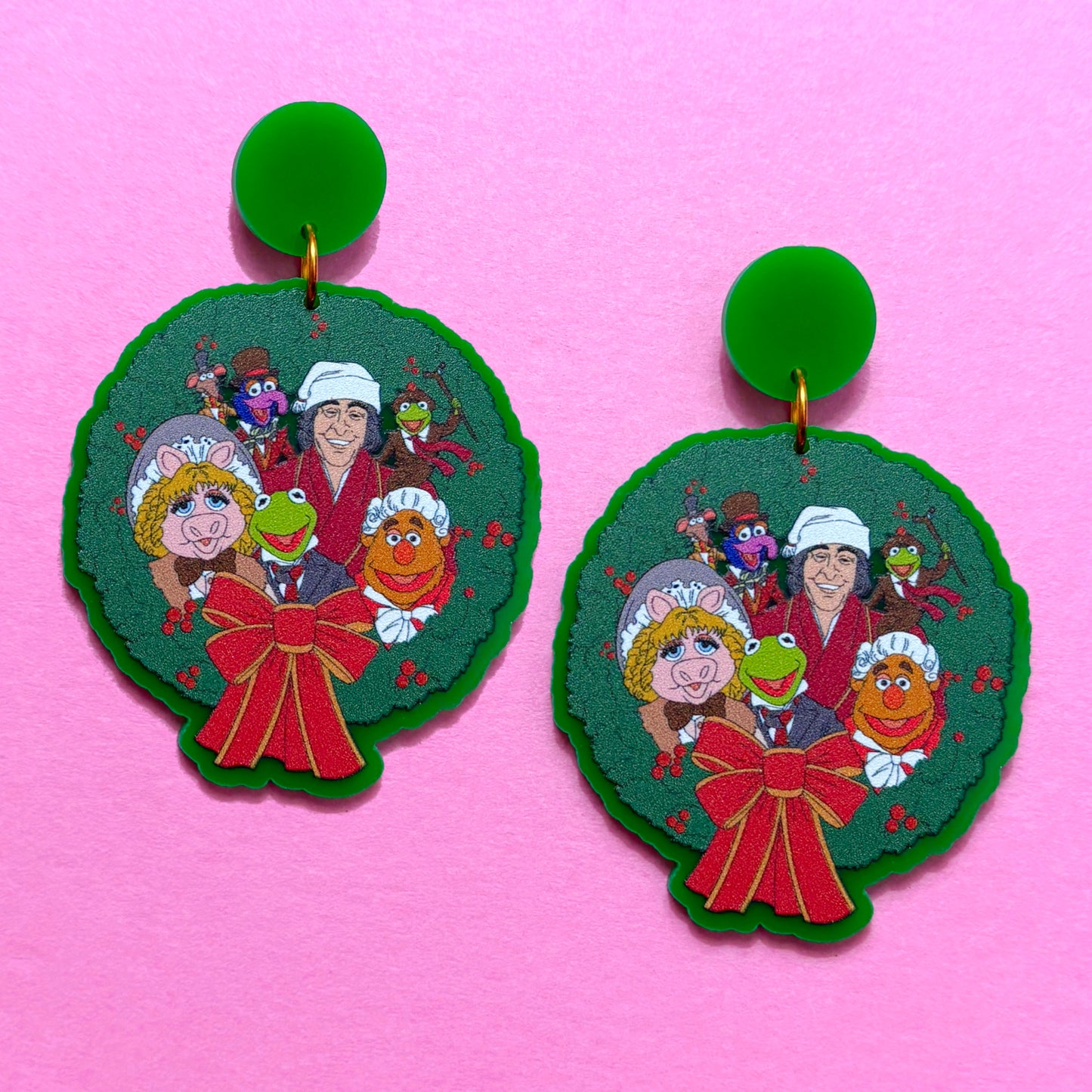 Puppet Christmas Carol Wreath Drop Earrings
