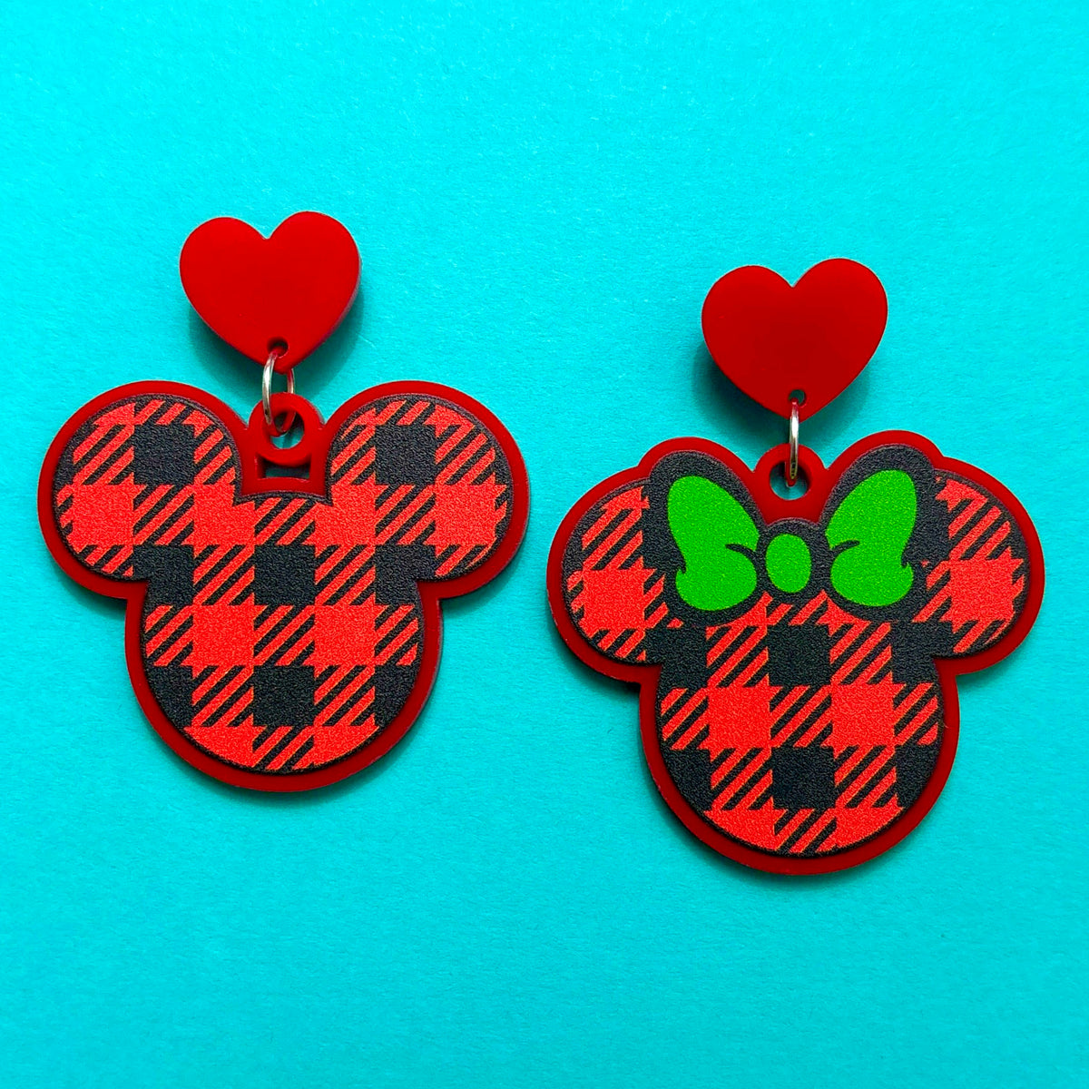 Mouse Couple Plaid Drop Earrings