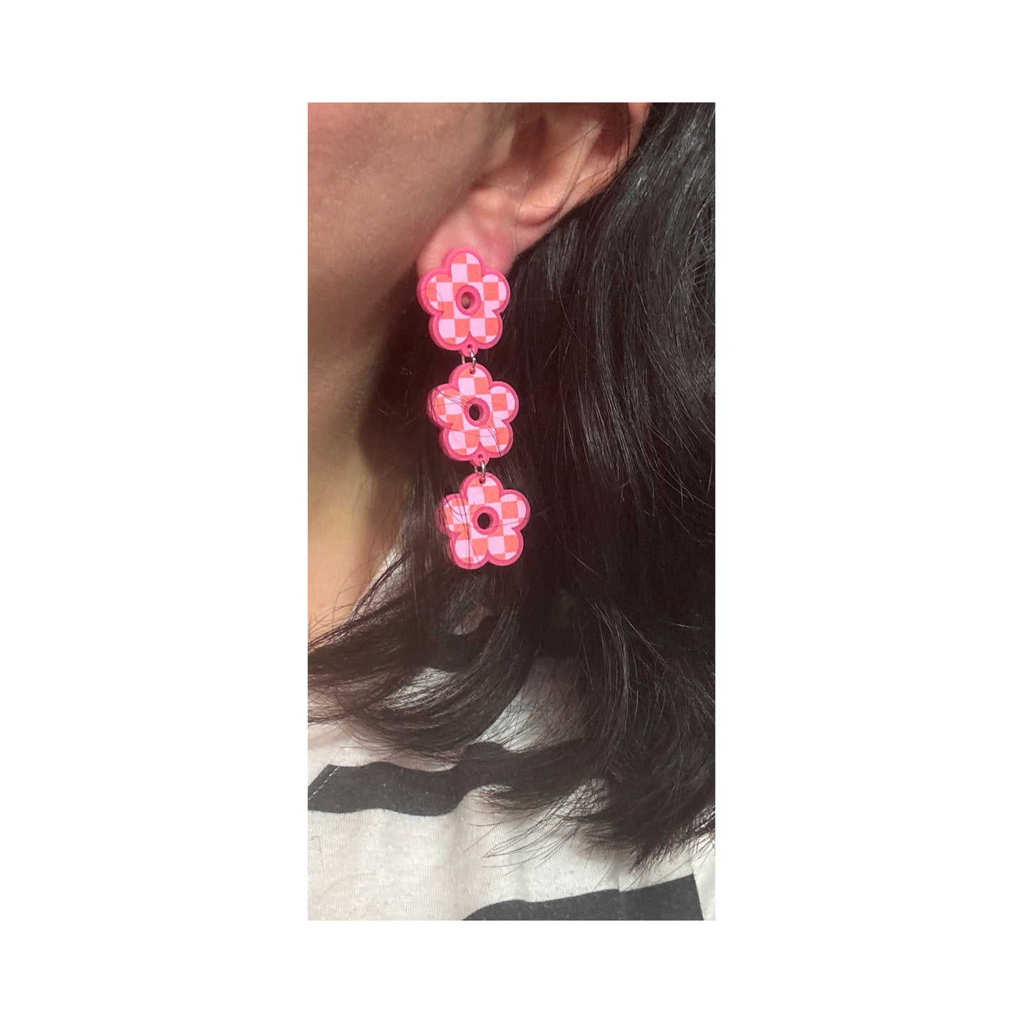Pink & Red Checkered Retro Flower Tiered Drop Earrings