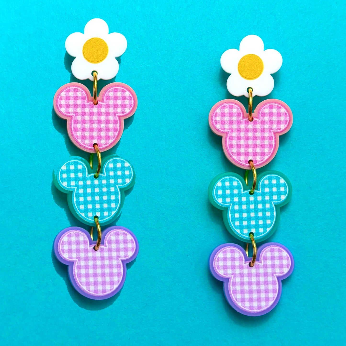 Pastel Gingham Mouse & Daisy Tiered Drop Earrings