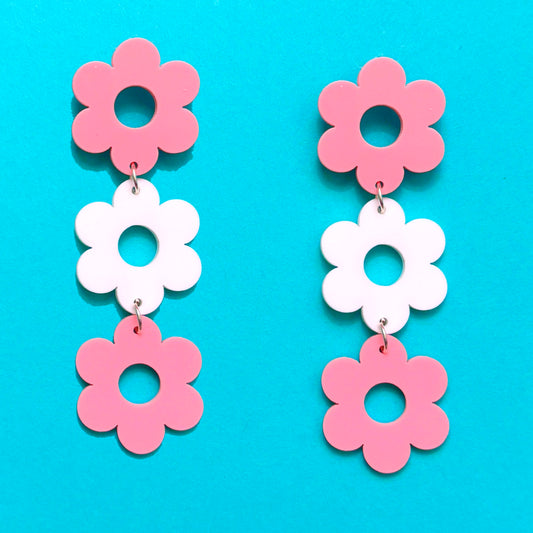 Pink & White Retro Flower Tiered Drop Earrings