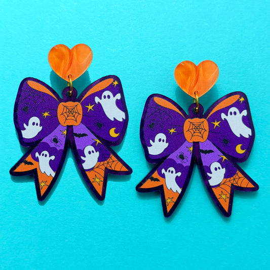 Spooky Print Bow Drop Earrings