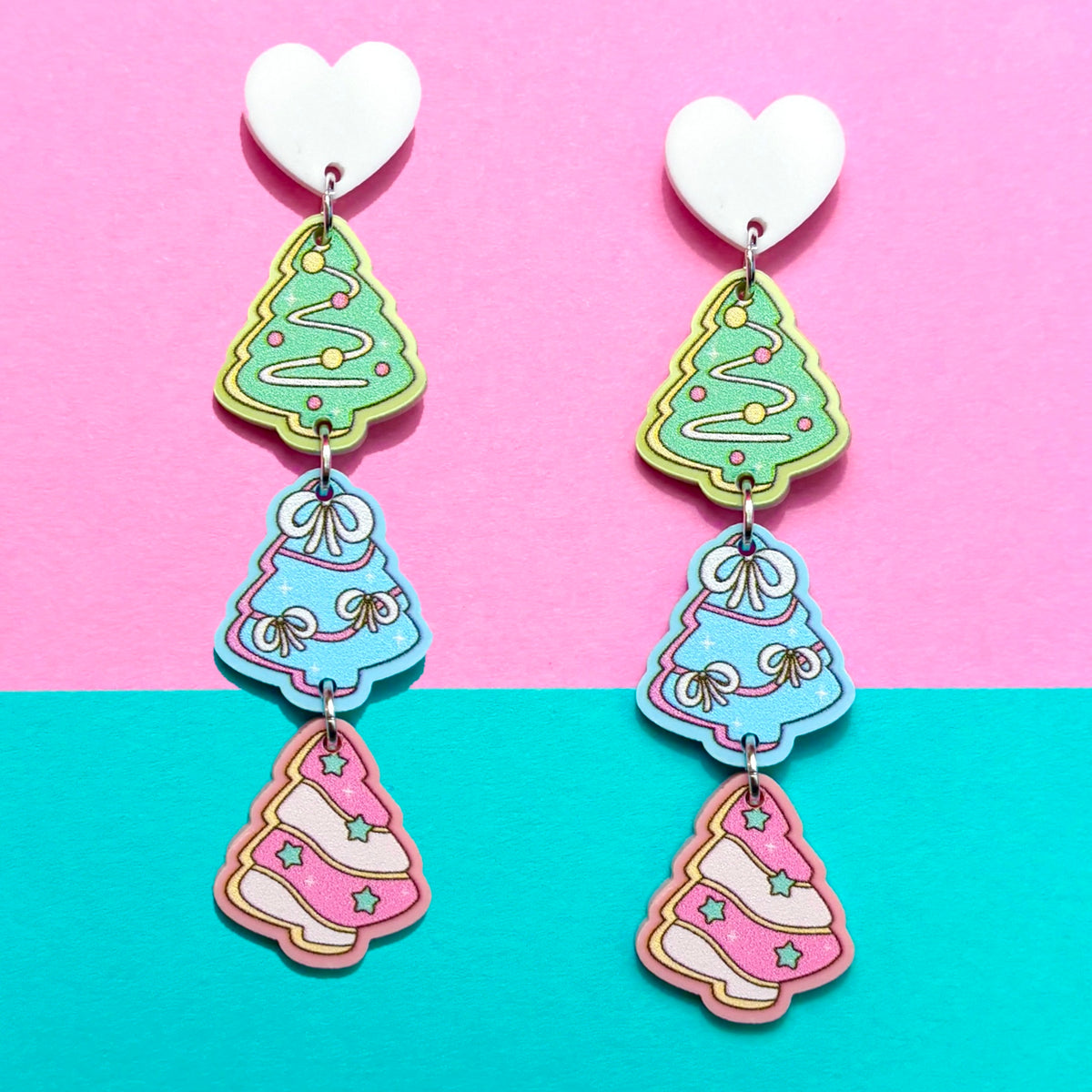 Pastel Christmas Tree Cakes Tiered Drop Earrings