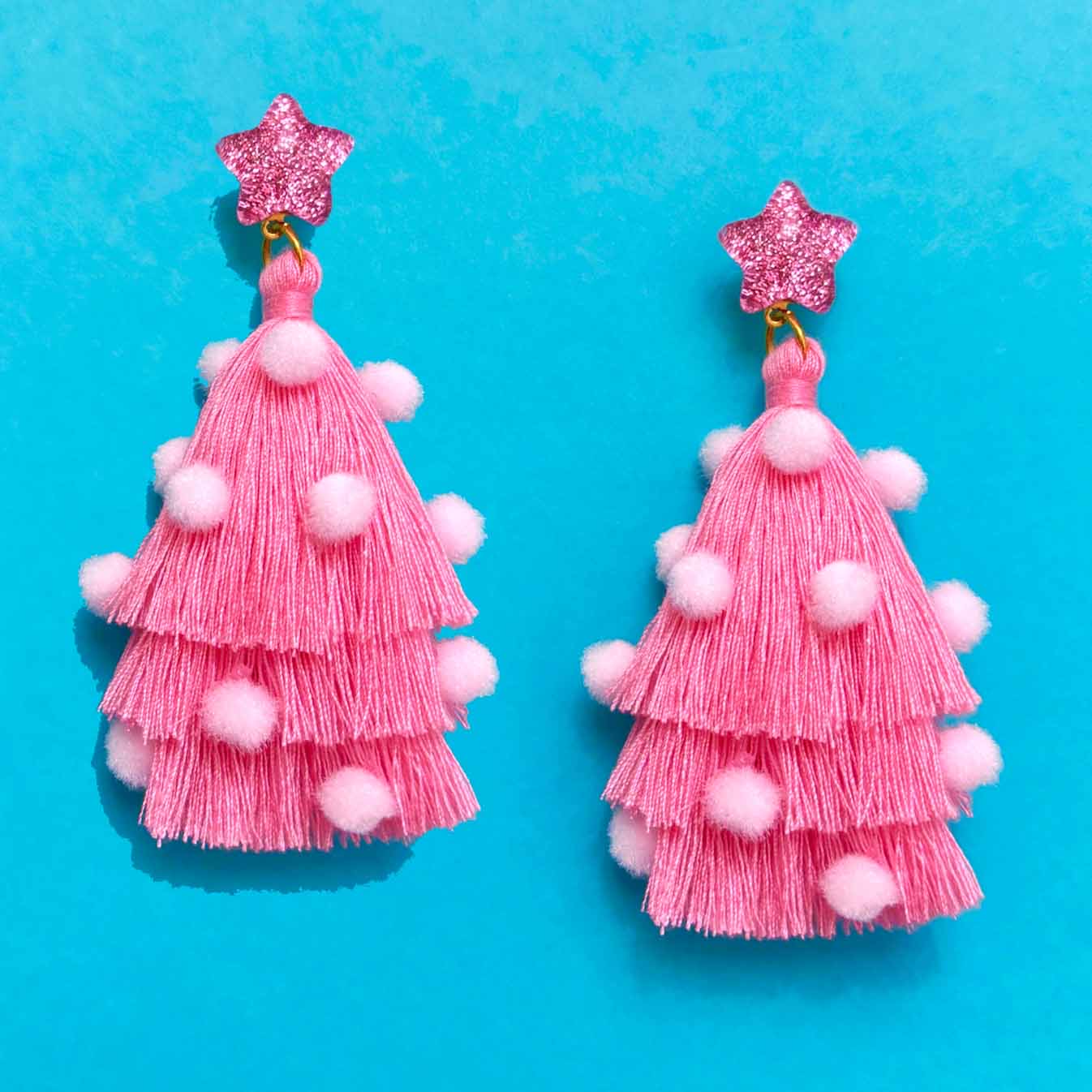 Pink Tassel Christmas Tree Drop Earrings