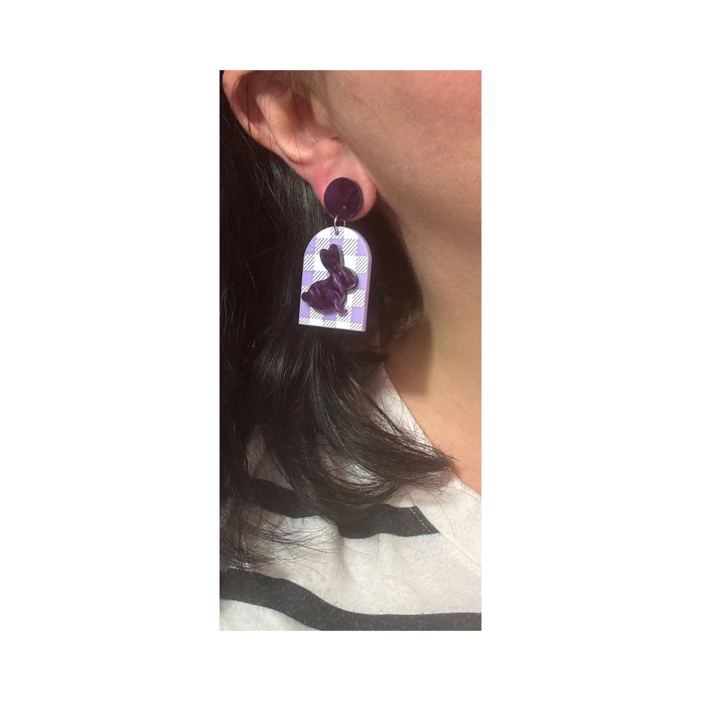 Lavender Gingham Bunny Drop Earrings