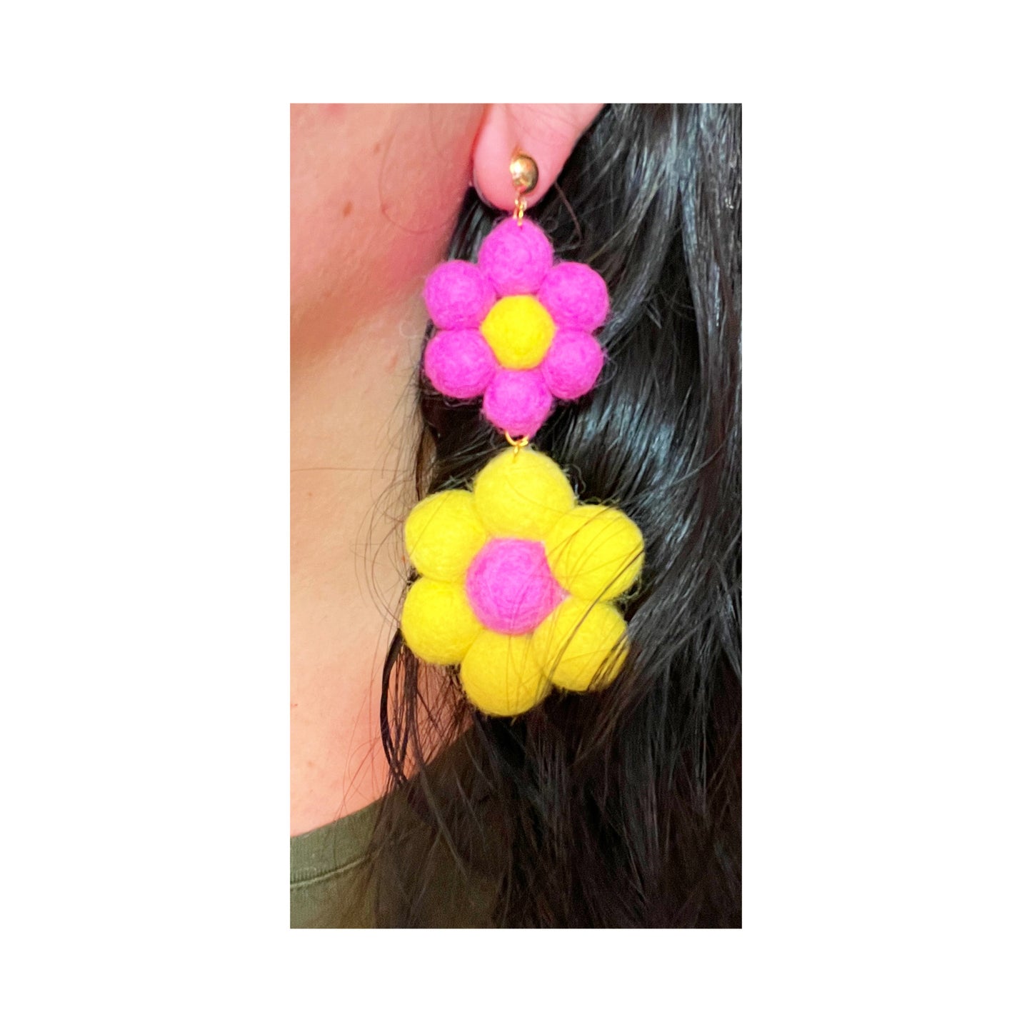 Large Pink & Yellow Wool Felt Flower Drop Earrings