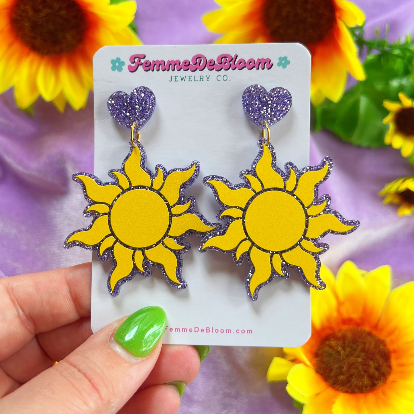 Purple Glitter Tangled Sun Acrylic Drop Earrings