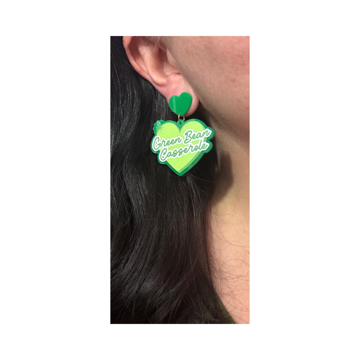 Green Bean Casserole Heart Drop Earrings