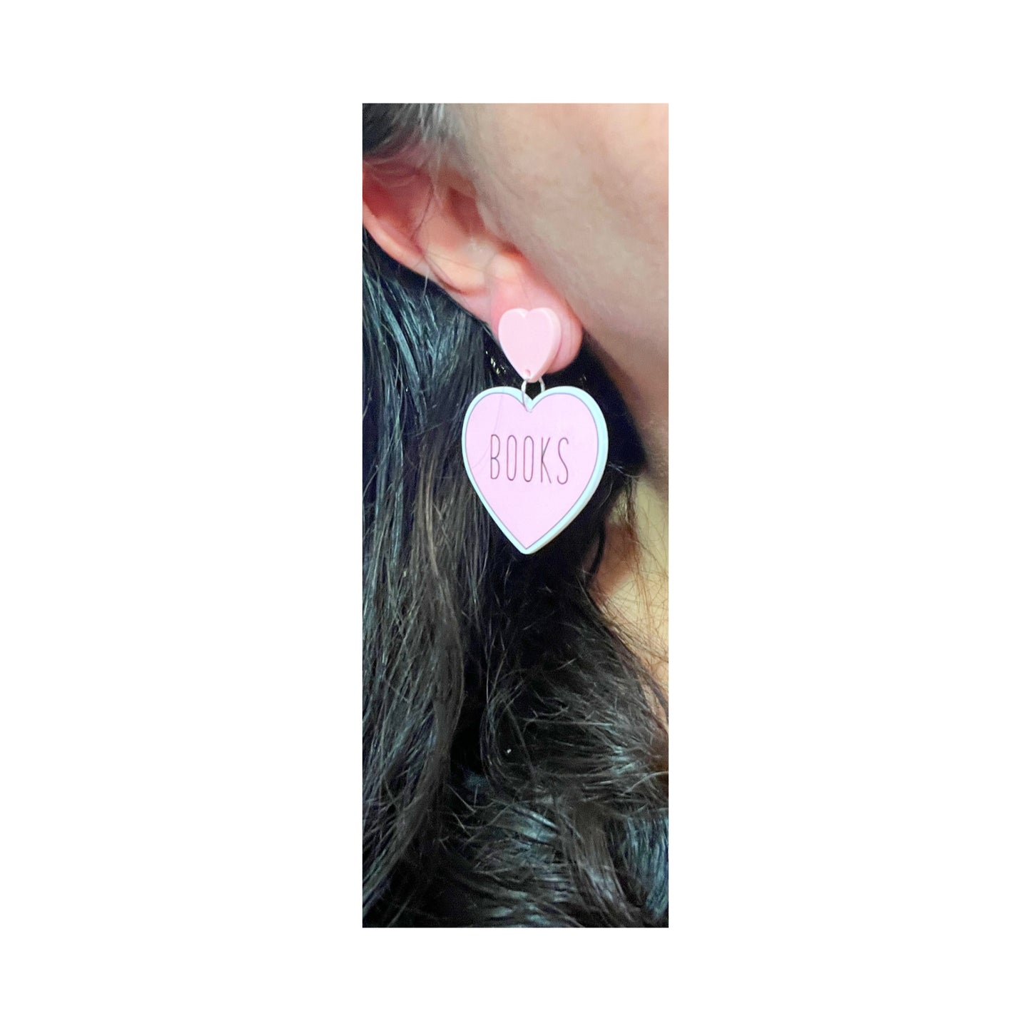 Pink “Books” Heart Acrylic Drop Earrings