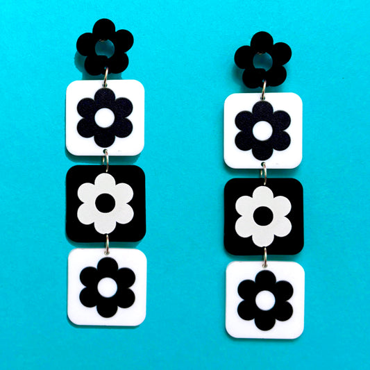 Black & White Retro Flower Square Drop Earrings