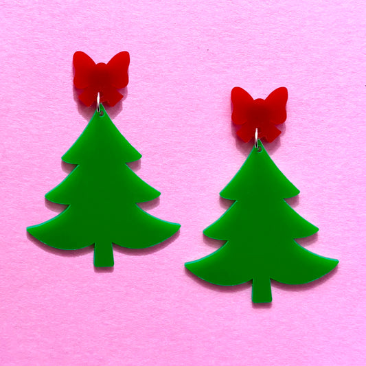 Red Bow Christmas Tree Drop Earrings