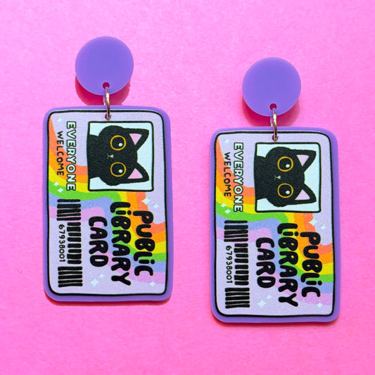 Public Library Card Cat Drop Earrings