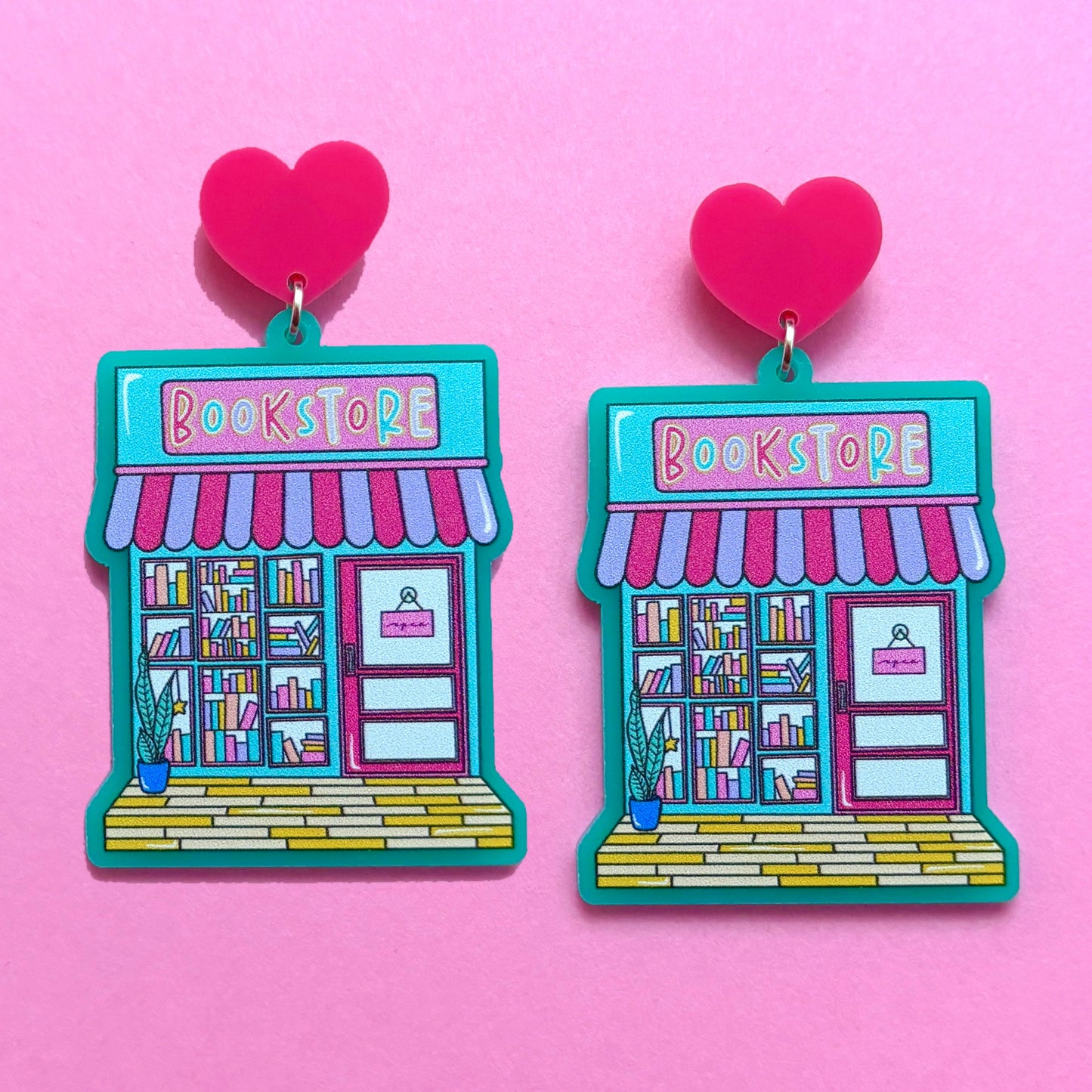 Aqua & Pink Bookstore Drop Earrings