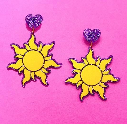 Purple Glitter Tangled Sun Acrylic Drop Earrings