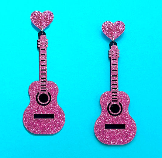 Pink Glitter Guitar Earrings