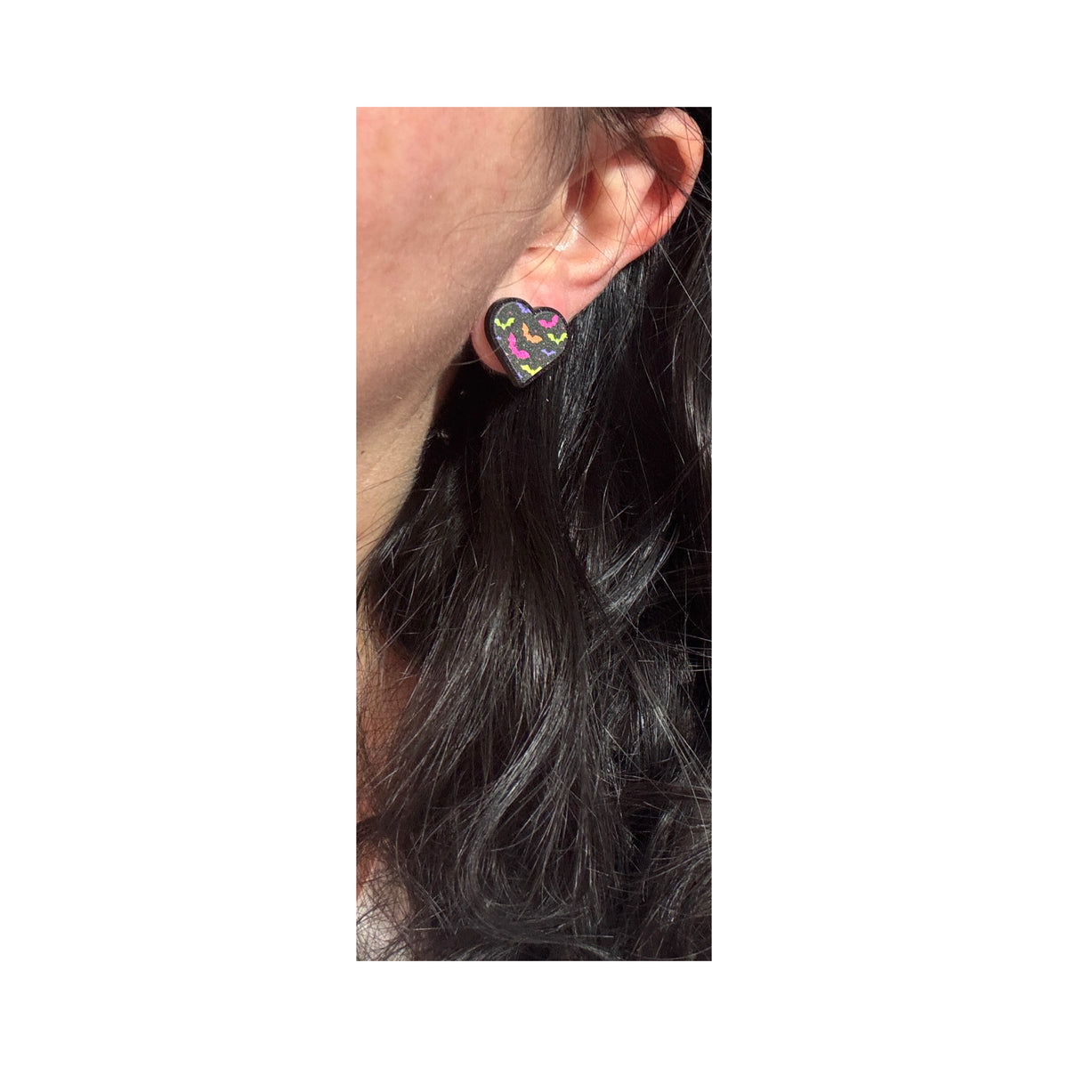 Neon Bat Print Heart Post Earrings