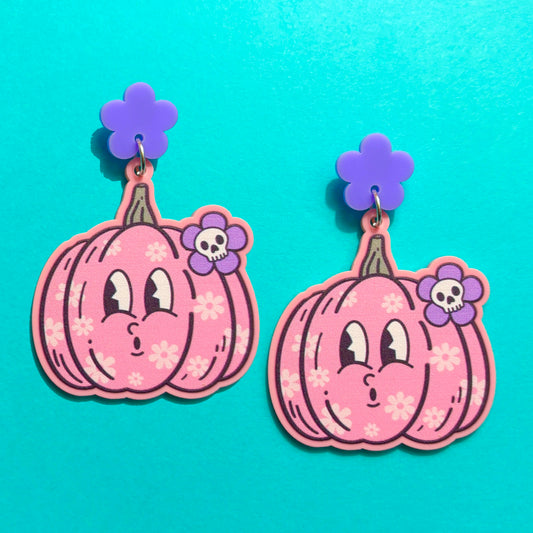 Pink Retro Floral Pumpkin Drop Earrings