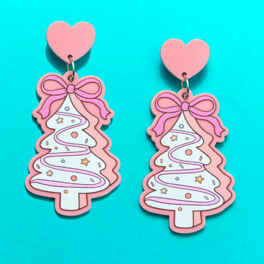 Pastel Pink Tree Cake Bow Drop Earrings
