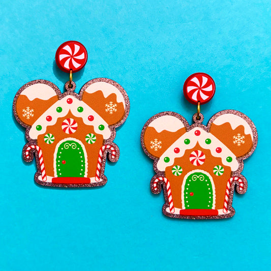 Mouse Gingerbread House Sparkle Drop Earrings
