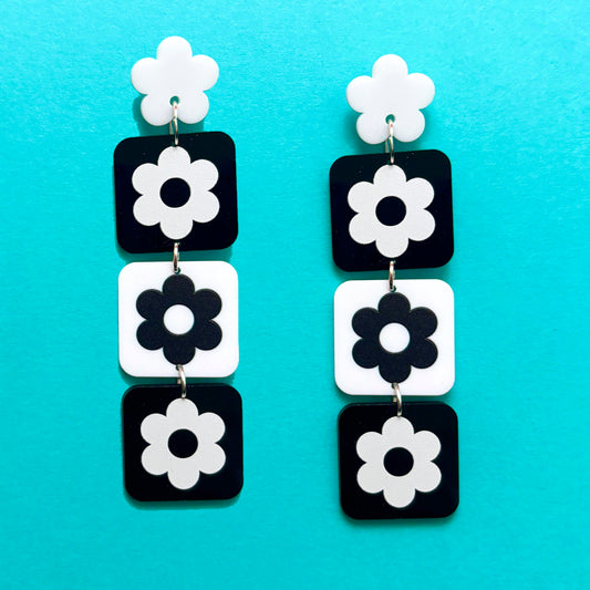 Black & White Flower Square Tiered Drop Earrings