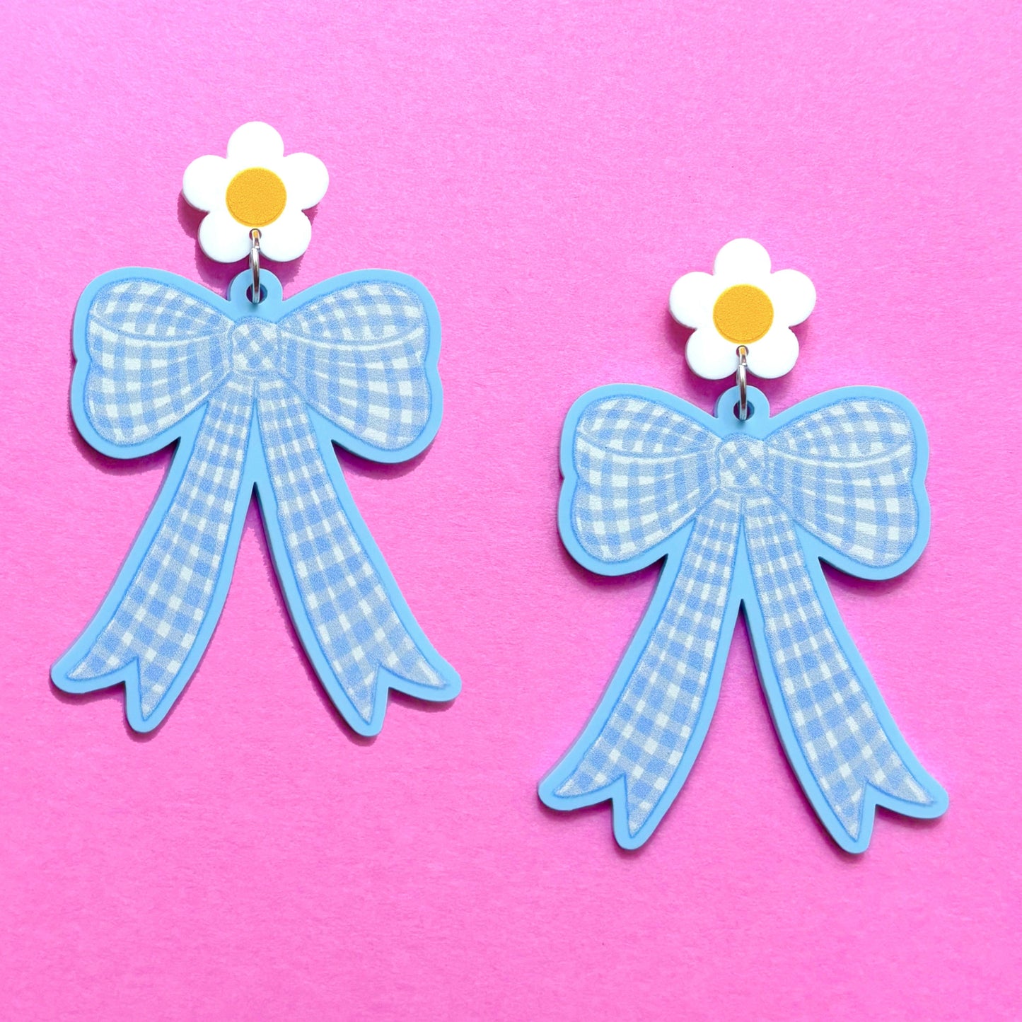 Blue Gingham Bow Drop Earrings