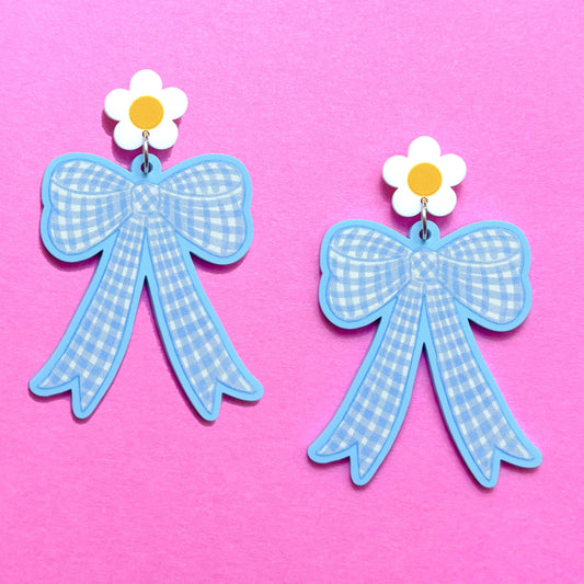 Blue Gingham Bow Drop Earrings