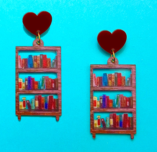 Large Wooden Bookshelf Drop Earrings